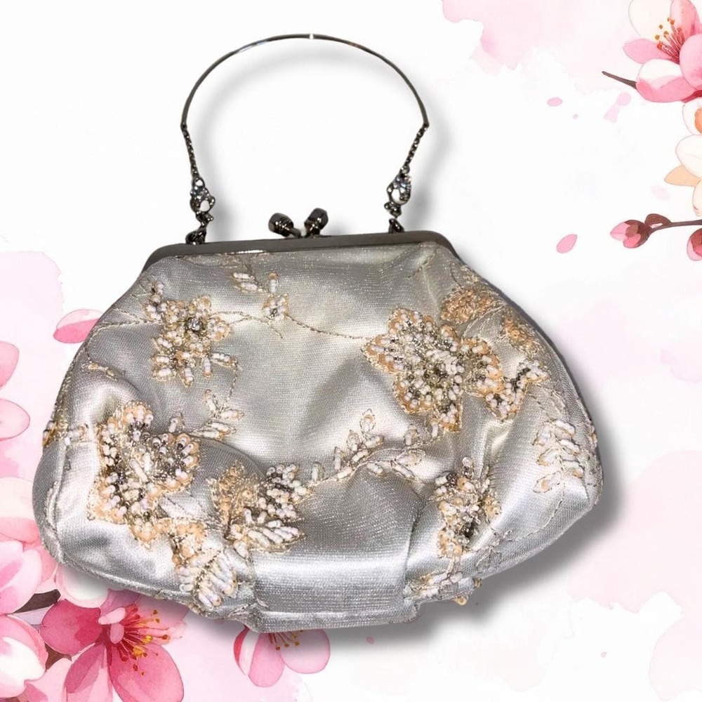 Silver Beaded Clutch Bag, Floral Embroidered Evening Purse
